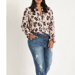ELOQUII Animal Print Button Up Long Sleeve Blouse Top with Ruffles Size 20